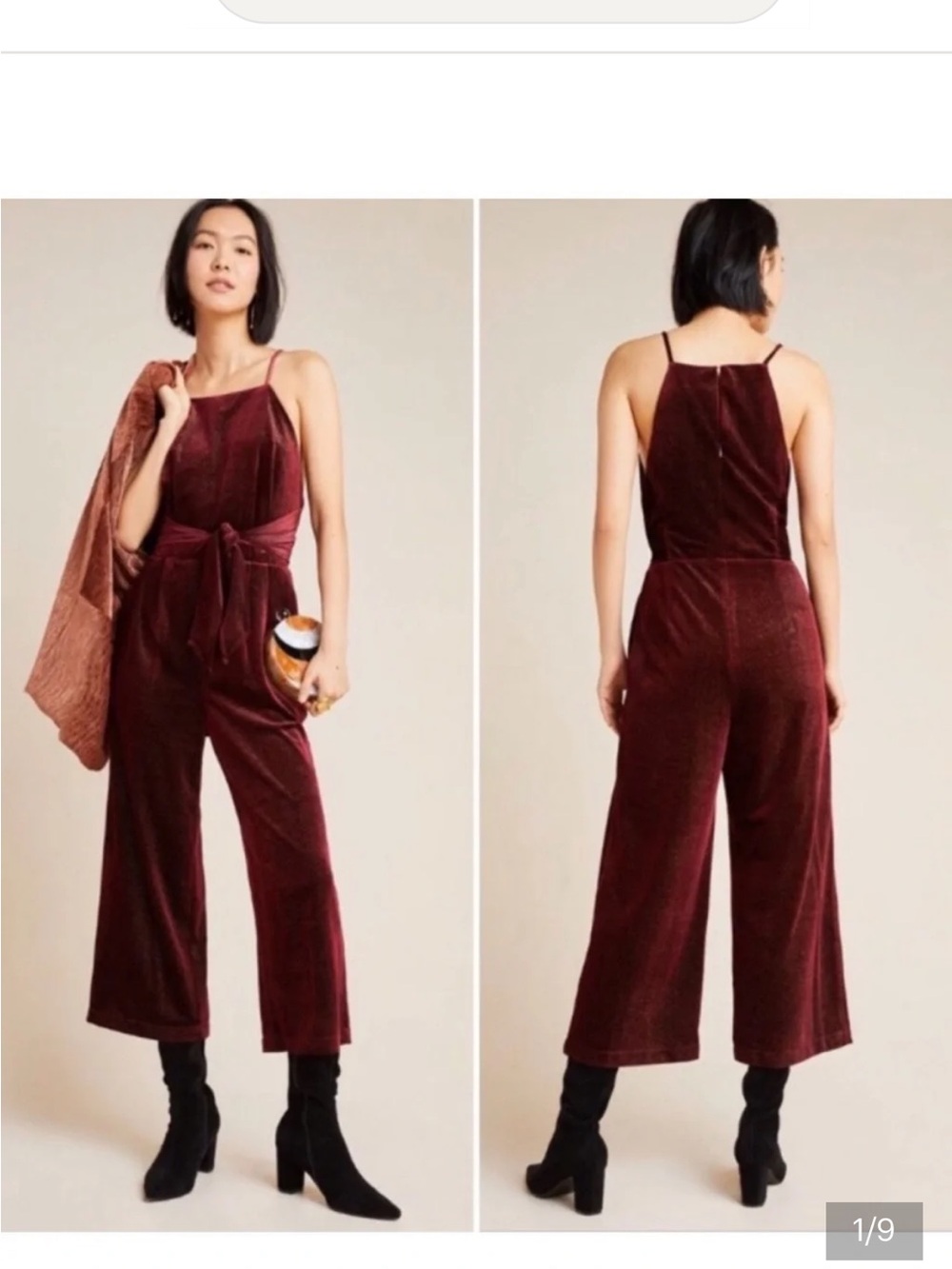 Anthropologie Burgundy Velvet Wide-Leg Jumpsuit with Tie Waist